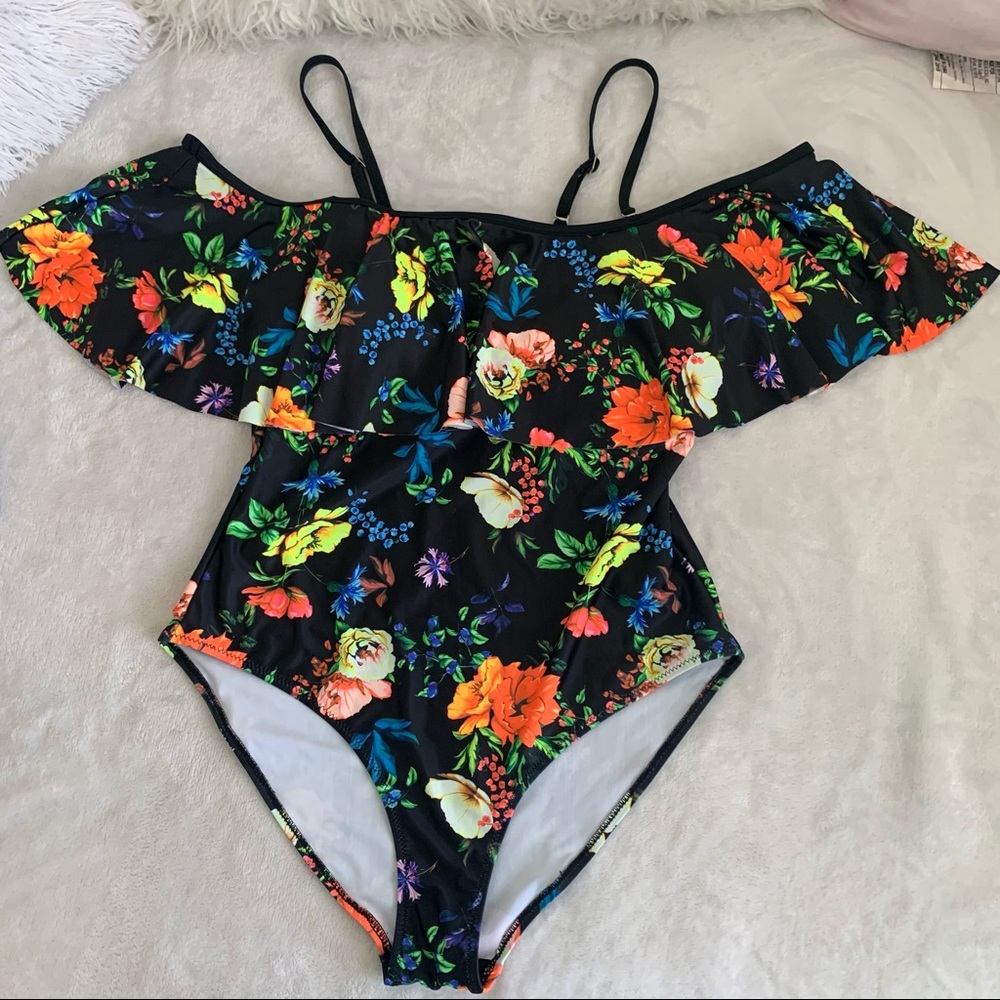 Black Floral Off-Shoulder One-Piece Swimsuit